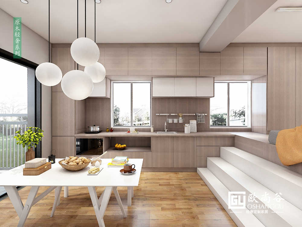 輕奢開放式廚房_原木輕奢櫥柜圖片