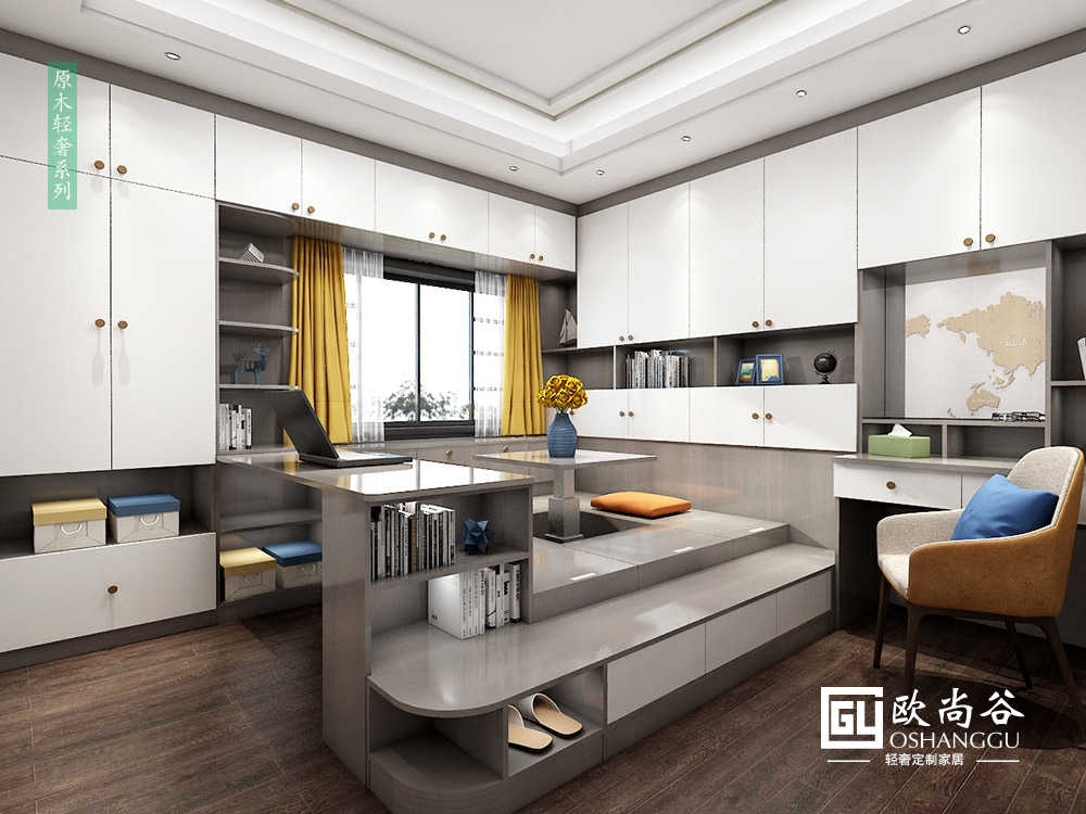 輕奢書房榻榻米效果圖_榻榻米書房圖片