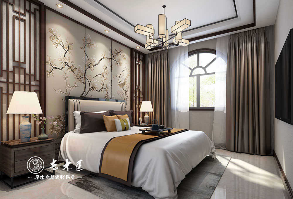 新中式臥室背景墻_臥室原木定制