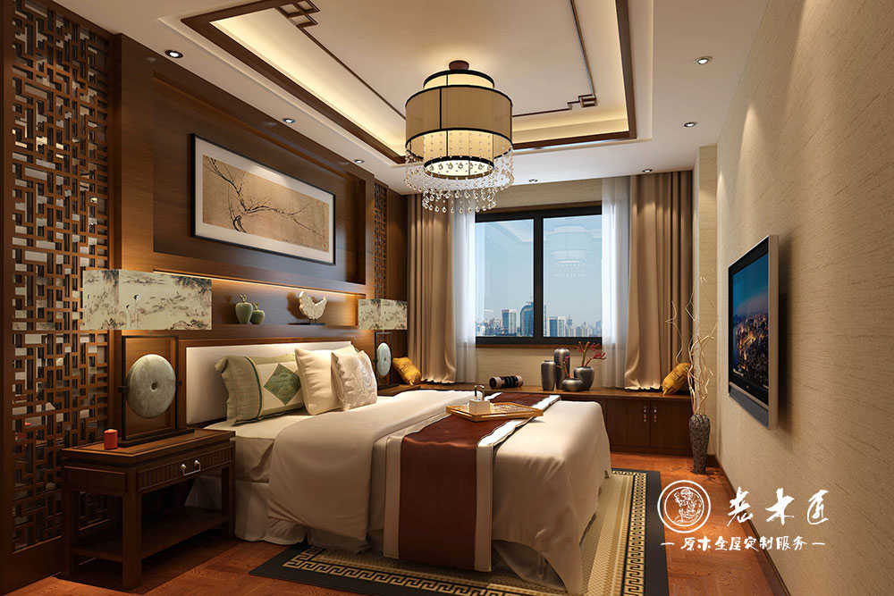 臥室床頭背景墻設(shè)計(jì)圖片_新中式臥室背景墻