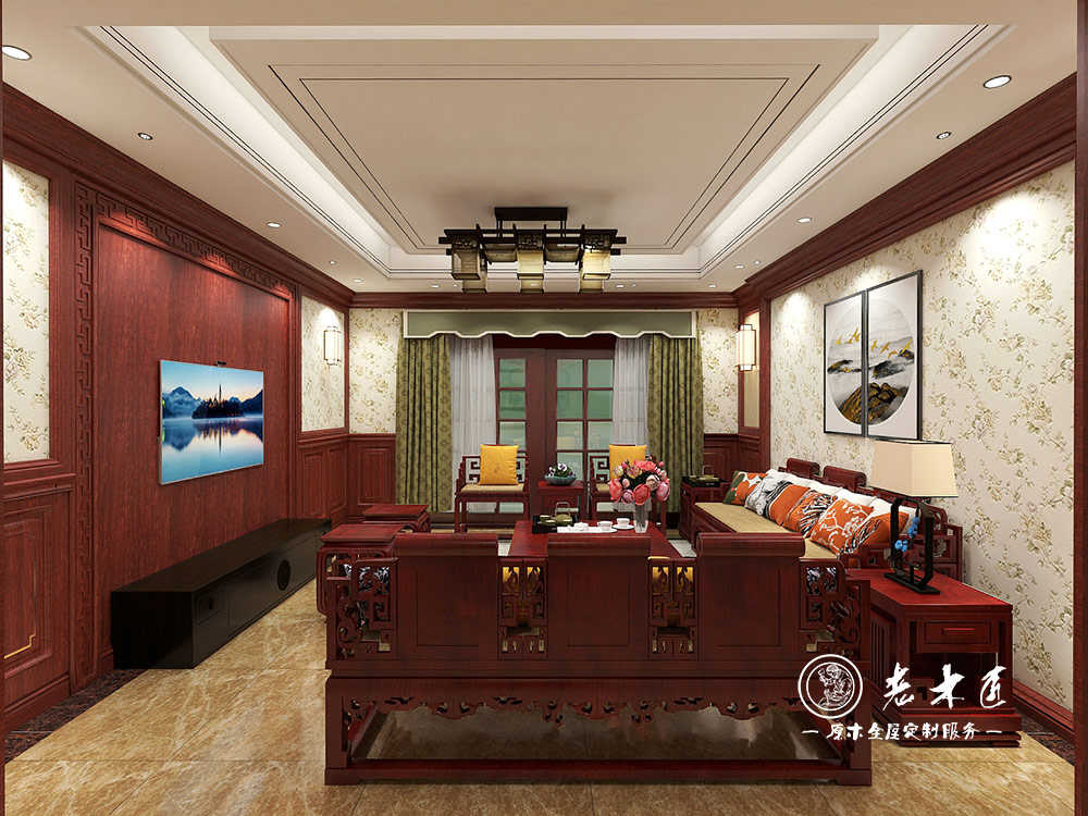 中式整木定制效果圖_中式客廳整木家居圖片