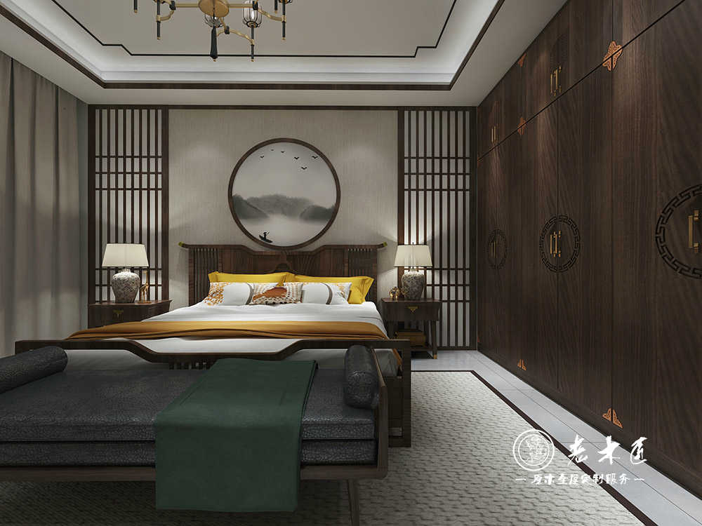 新中式背景墻_新中式臥室實(shí)木背景墻